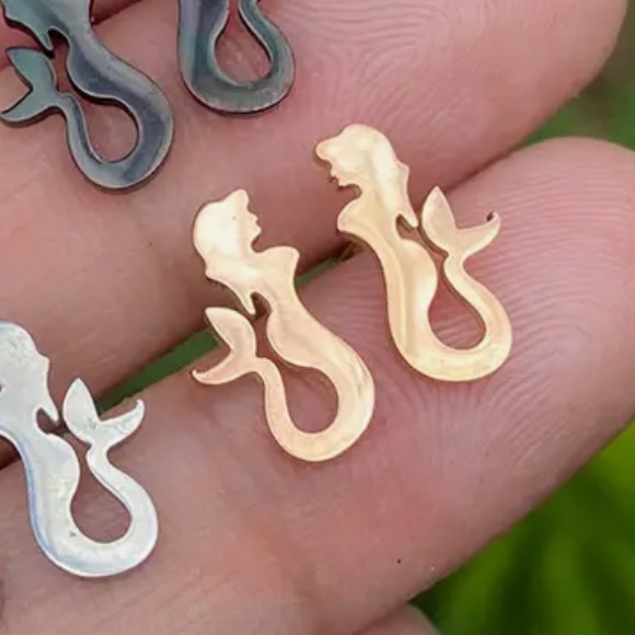 MERMAID ROSE GOLD Minimalist Stainless Steel Stud Earrings With Gift Bag - Picture 3 of 5